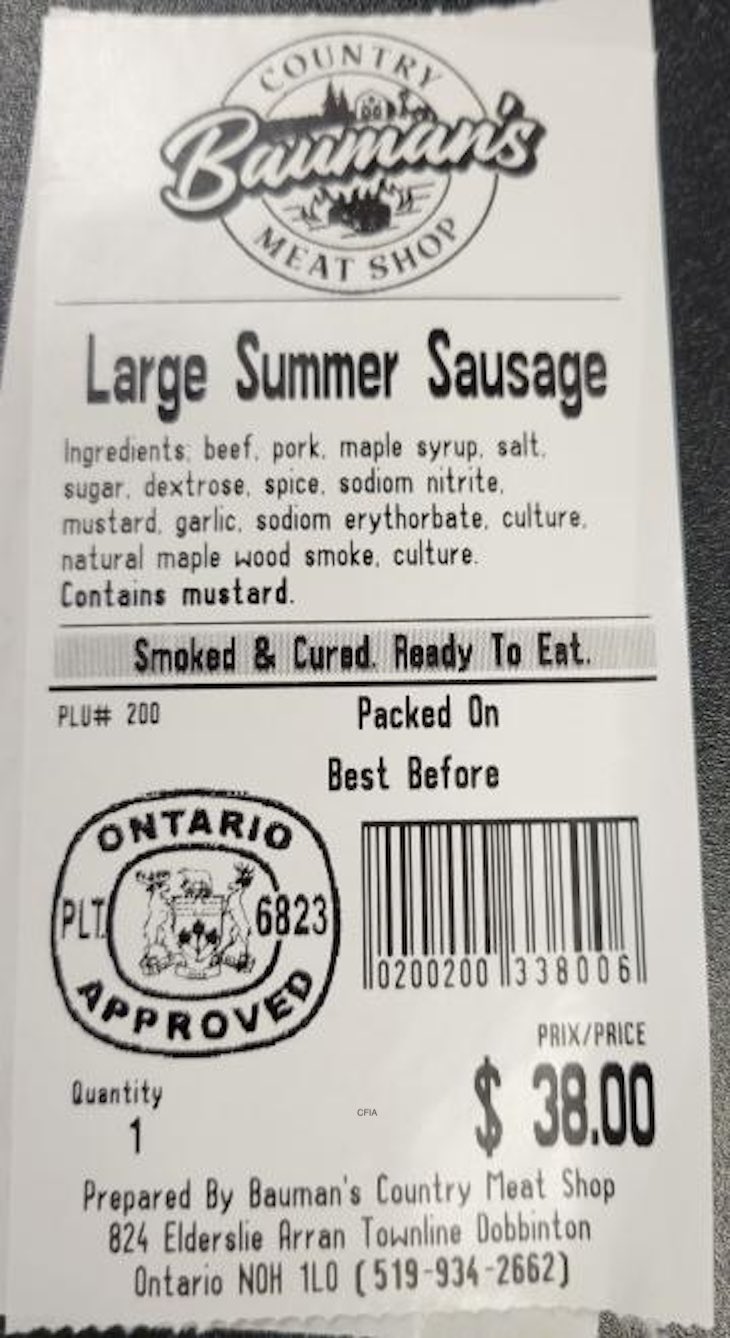 Bauman's Country Meat Shop Summer Sausages Recalled