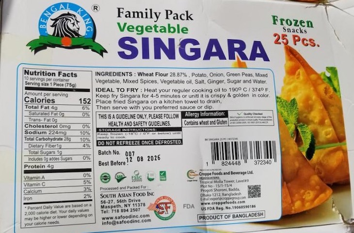 Bengal King Vegetable Singara Recalled For Peanuts