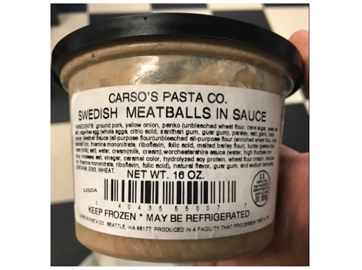 Public Health Alert Issued For Carso's Pasta Swedish Meatballs