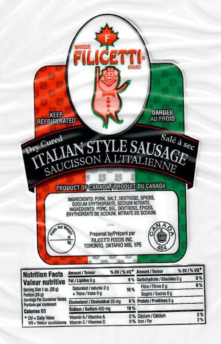 Venetian and Filicetti Sausage Recalled in Canada For Salmonella