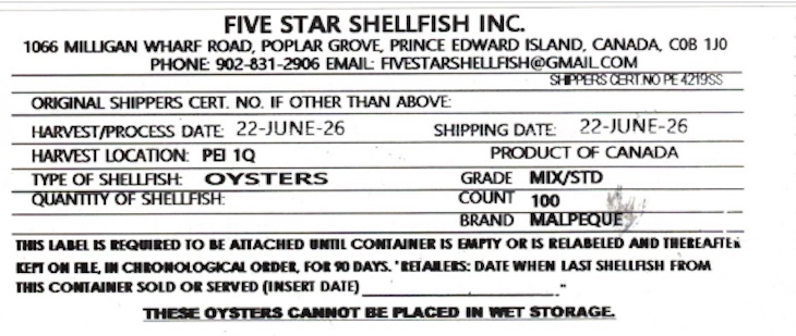Five Star Shellfish Oysters Recalled in Canada For Salmonella