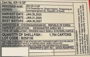 Frozen Raw Half Shell Korean Oysters Recalled For Norovirus