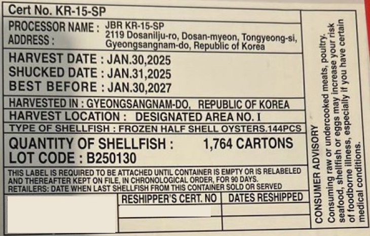 Frozen Raw Half Shell Korean Oysters Recalled For Norovirus