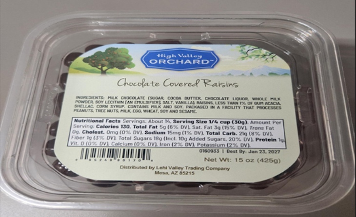 High Valley Orchard Chocolate Covered Raisins Recalled: Peanuts
