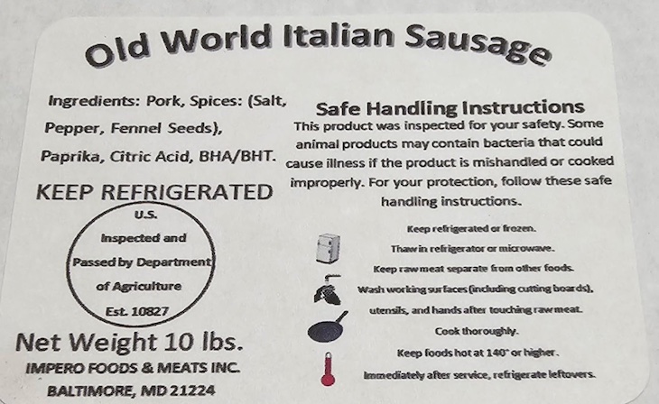 Impero Old World Italian Sausage Recalled For No Inspection