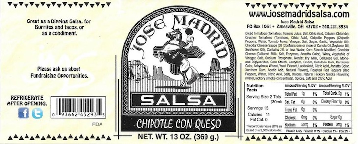 Jose Madrid Chipotle Con Queso Salsa Recalled