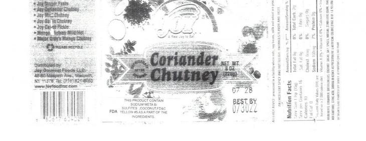 Joy Coriander Chutney Recalled For Undeclared Coconut, Yellow #5