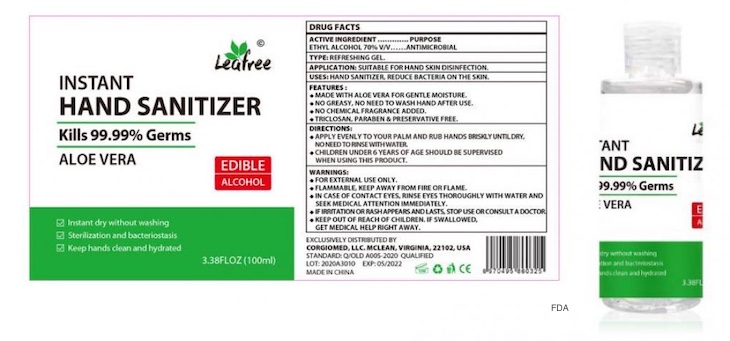 Leafree Instant Hand Sanitizer Recalled, Labeled as Edible Alcohol
