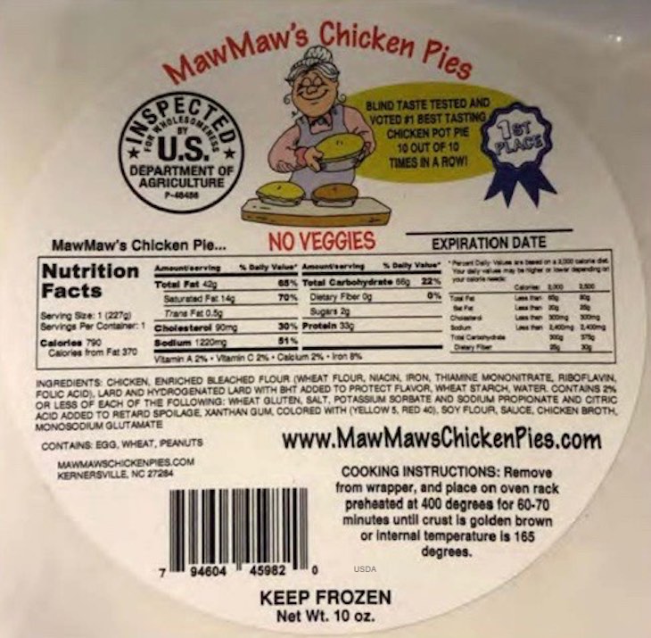 MawMaw's Chicken Pies Recalled For Undeclared Allergens