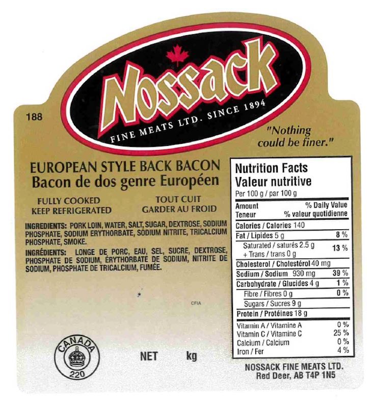 Nossack European Style Back Bacon Recalled For Listeria