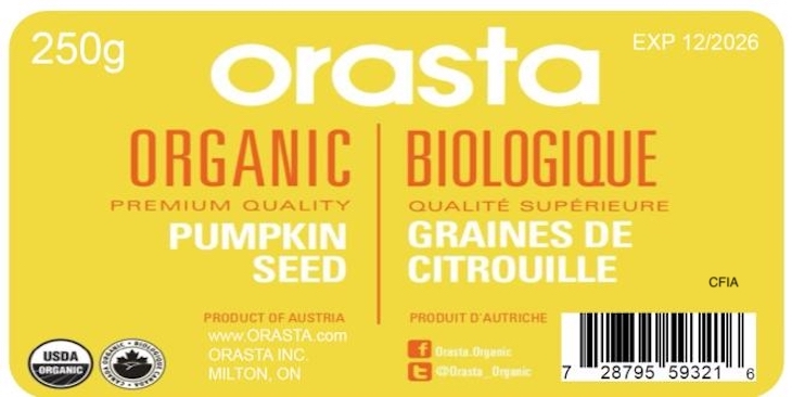 Orasta Pumpkin Seeds Recalled in Canada for Possible Salmonella