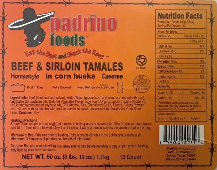 Padrino Foods Recalls Tamales For Undeclared Allergen