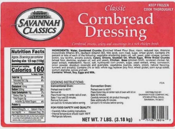 Savannah Classics Cornbread Dressing Recalled For Possible Listeria