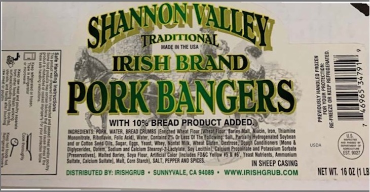 Shannon Valley Irish Brand Pork Bangers Recalled 