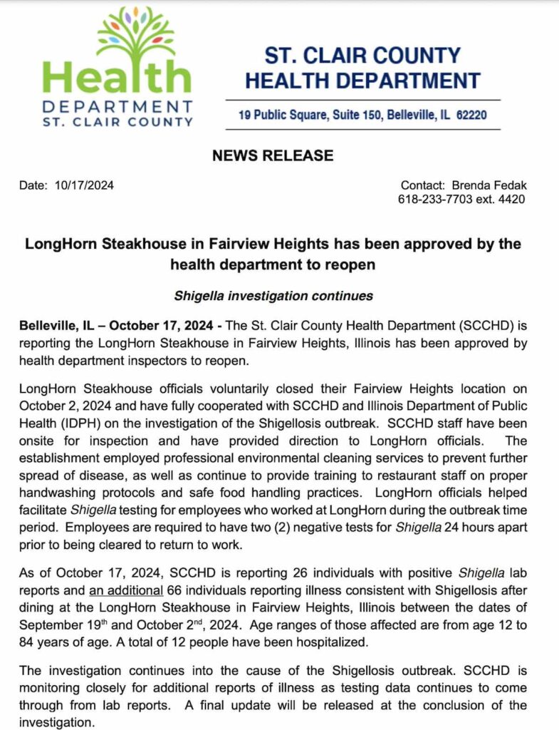 LongHorn Steakhouse Shigella Outbreak Sickens 92, Reopens