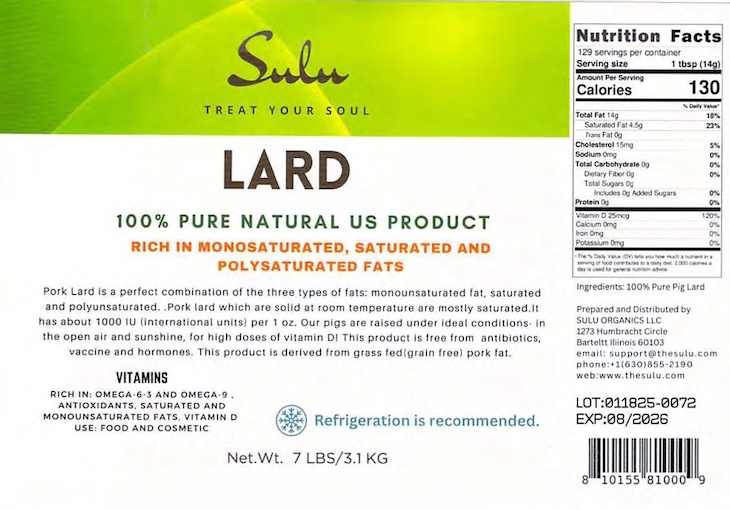 Sulu Organics Pork Lard and Beef Tallow Recalled