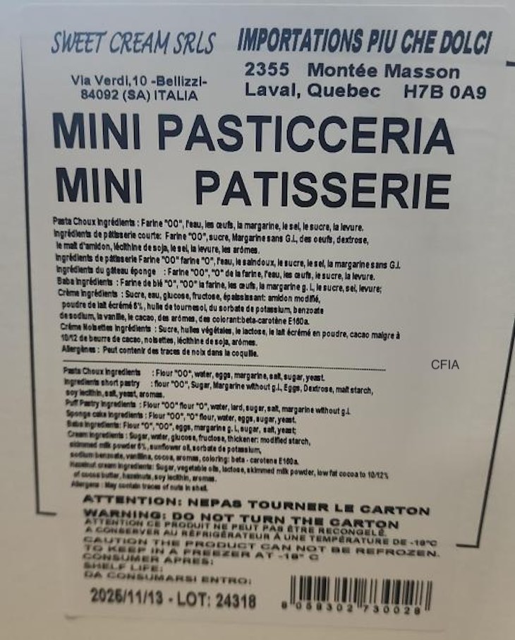 Sweet Cream Mini Patisserie Recalled in Canada For Salmonella