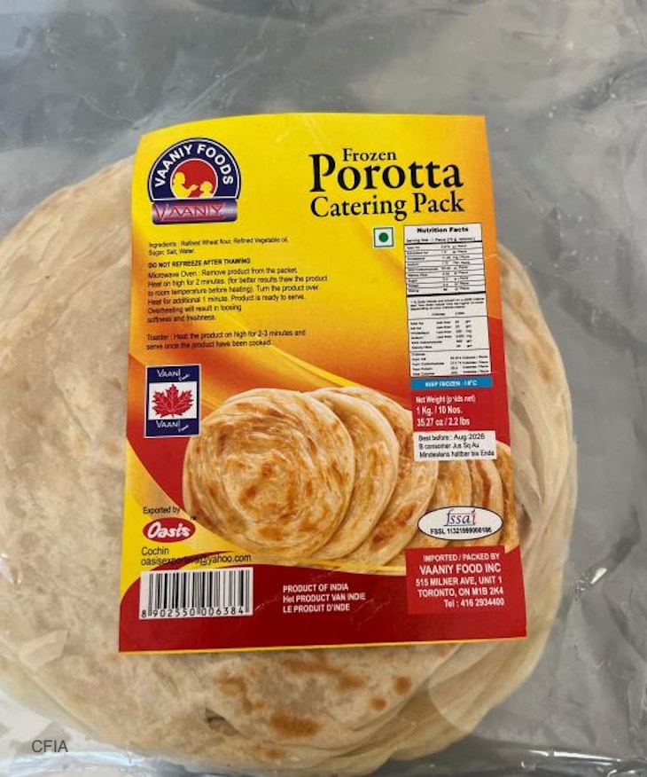 Vaaniy Foods Frozen Porotta Recalled in Canada For Milk