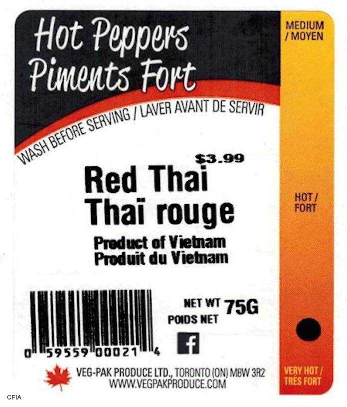 Veg Pak Thai Peppers Salmonella Recall