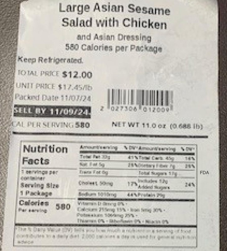 Wegmans Large Asian Sesame Salad With Chicken Recalled