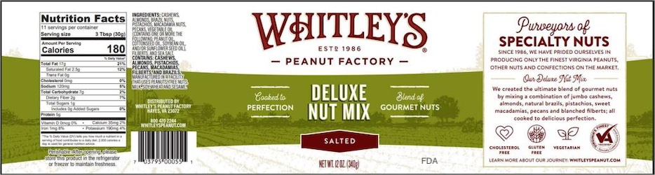 Whitley's Peanut Factory Deluxe Nut Mix Recalled For Allergies