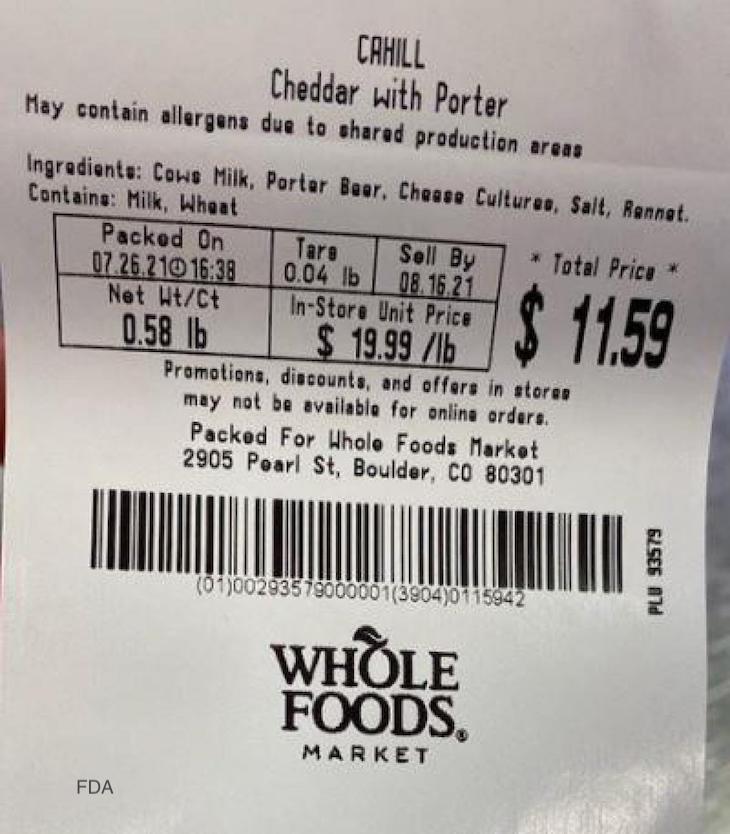 Whole Foods Cahill Cheddar Cheeses Recalled For Possible Listeria