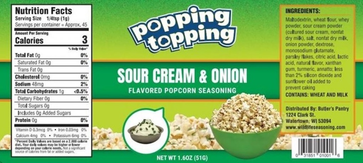 Wildlife Seasoning Sour Cream & Onion Popcorn Topping Recalled