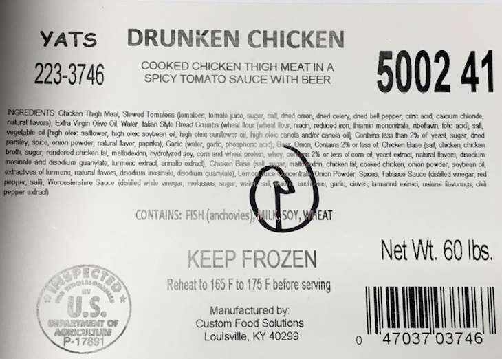 Yats Drunken Chicken Recalled For Undeclared Egg and Sesame